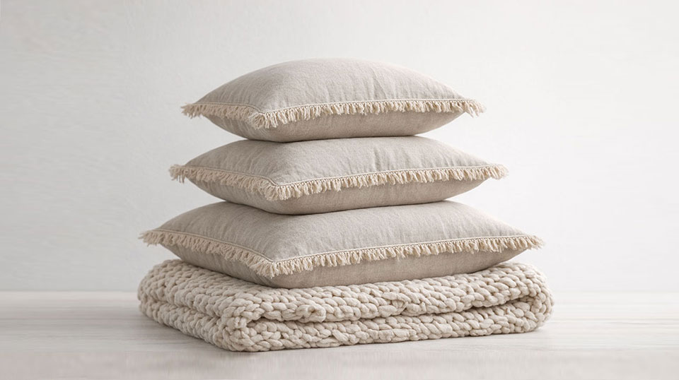 Textured Linen Cotton Pillow Set with Knit Blanket