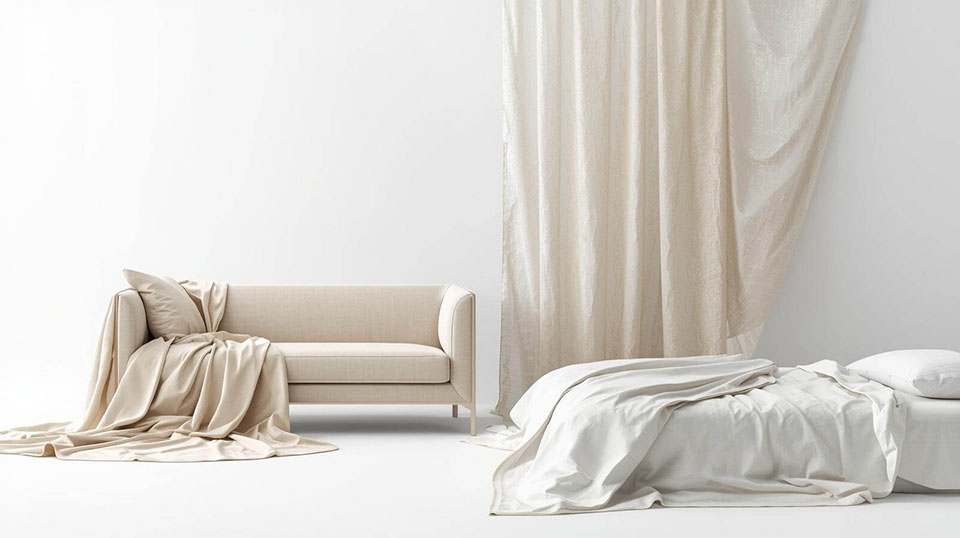 home textile 3d photo with sofa sheet.curtain with bed linen with white background